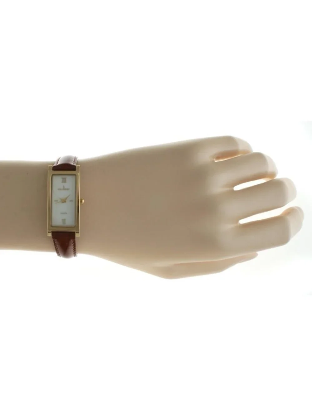 Women's Brown Plated Mother of Pearl Face Roman Numeral Leather Thin Strap Watch